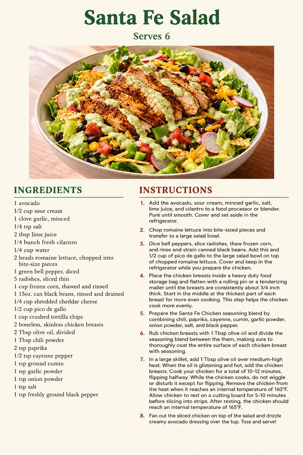 Saved Santa Fe Salad recipe card; accessible ingredients and instructions are listed above.