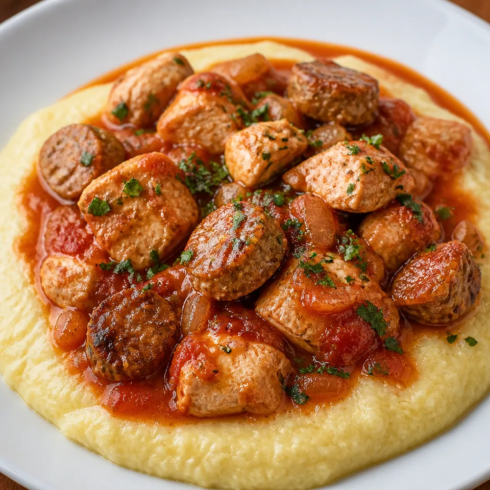 Saucy Chicken and Sausage over Creamy Parmesan Polenta — serving inspiration