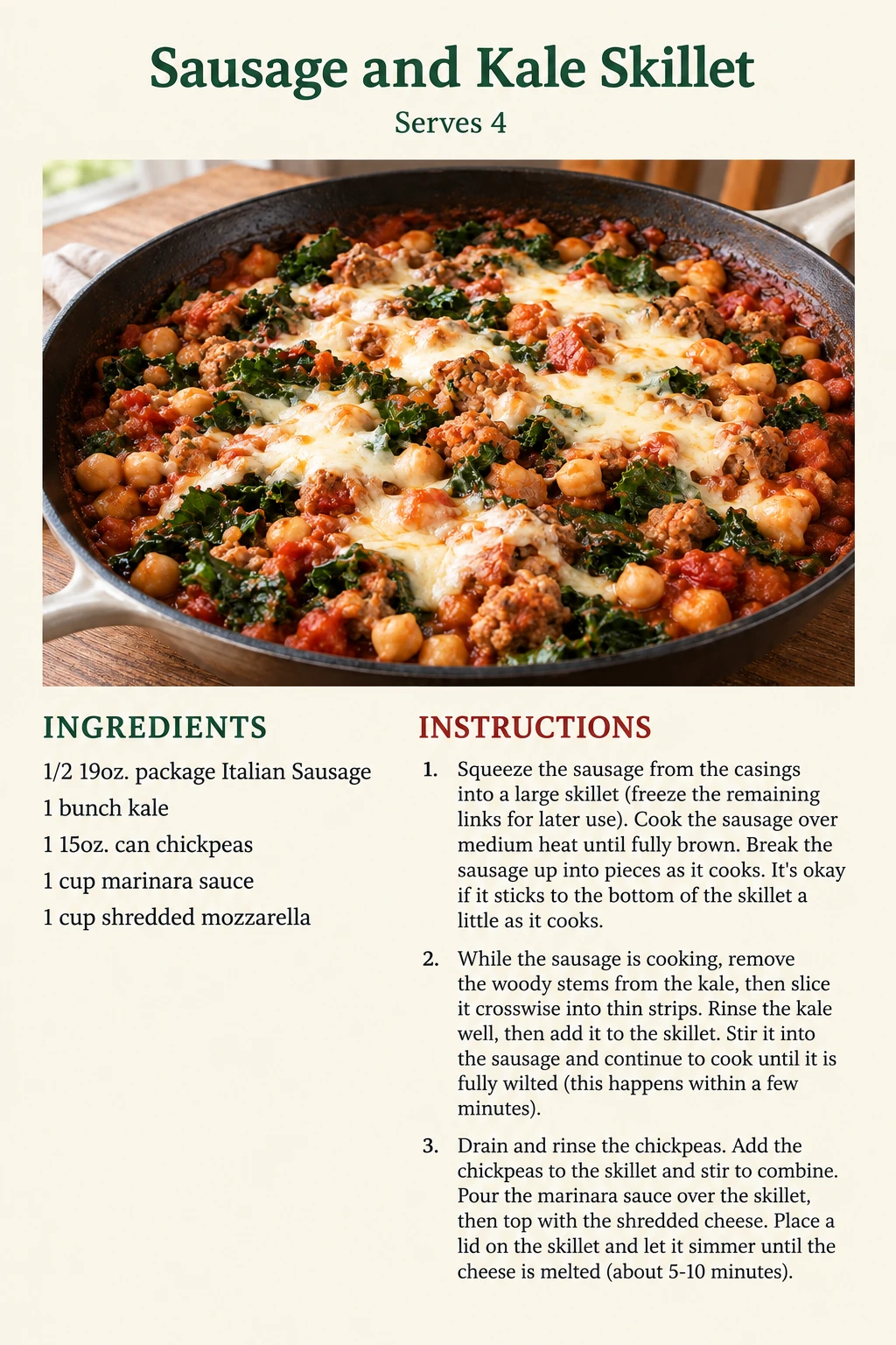 Saved Sausage and Kale Skillet recipe card; accessible ingredients and instructions are listed above.