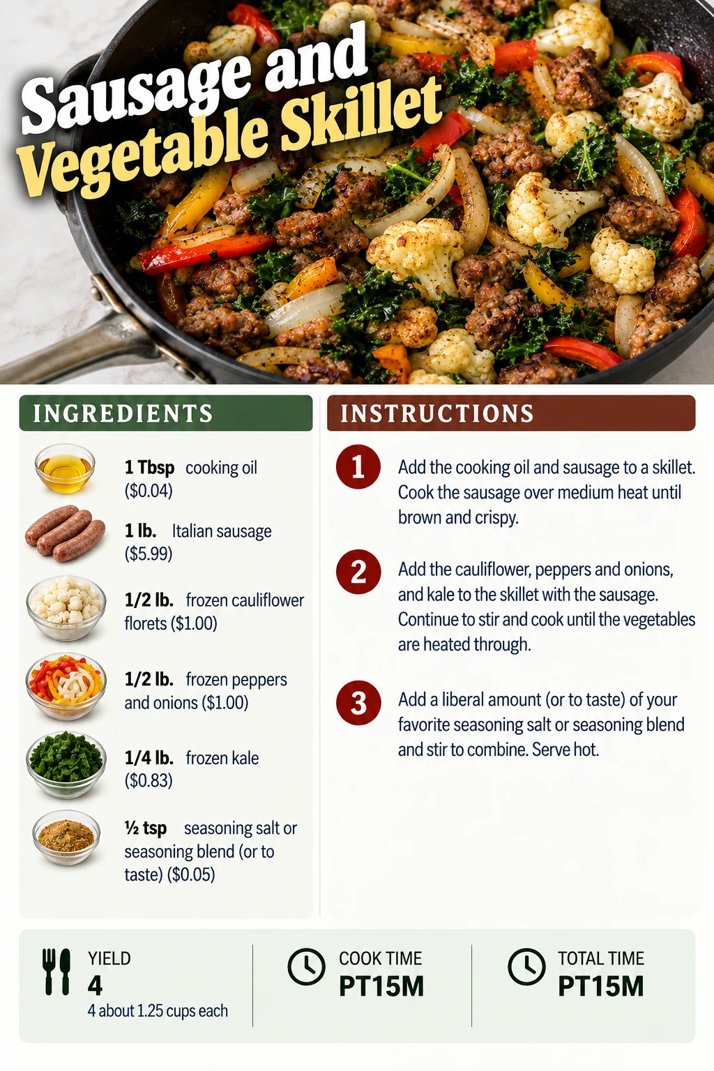 Saved Sausage and Vegetable Skillet recipe card; accessible ingredients and instructions are listed above.