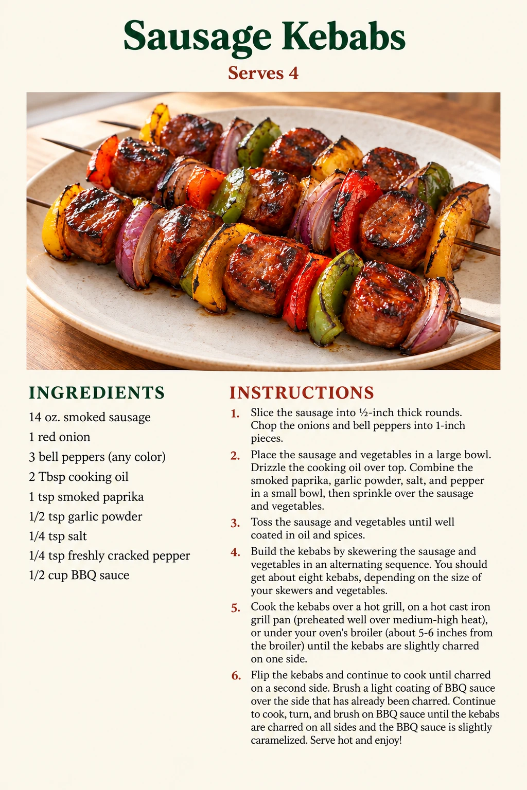 Saved Sausage Kebabs recipe card; accessible ingredients and instructions are listed above.