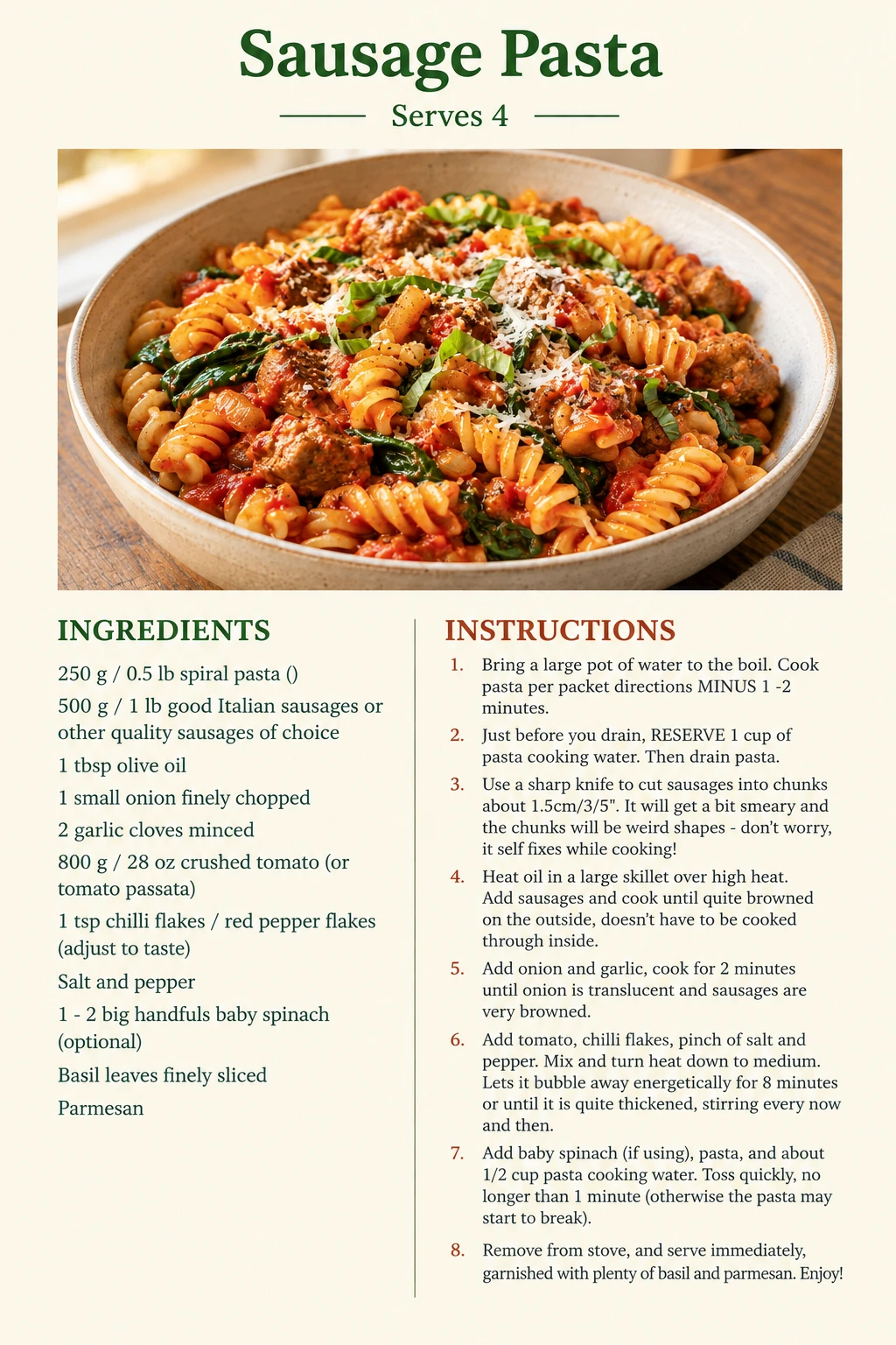 Saved Sausage Pasta recipe card; accessible ingredients and instructions are listed above.