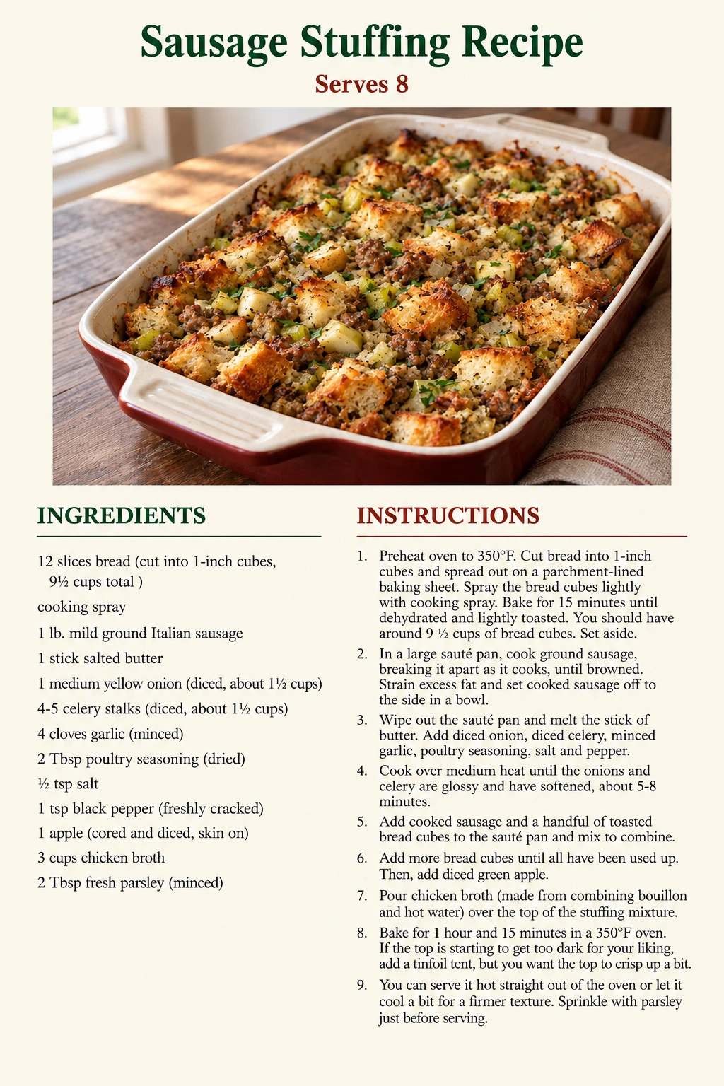 Saved Sausage Stuffing Recipe recipe card; accessible ingredients and instructions are listed above.