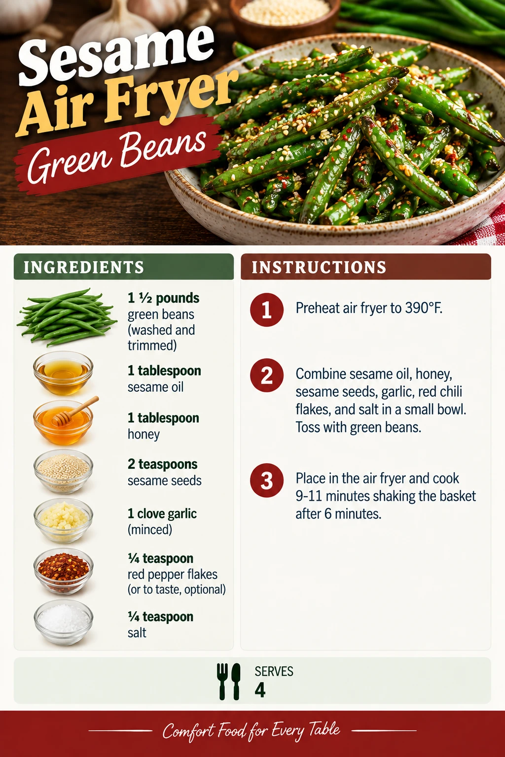 Saved Sesame Air Fryer Green Beans recipe card; accessible ingredients and instructions are listed above.