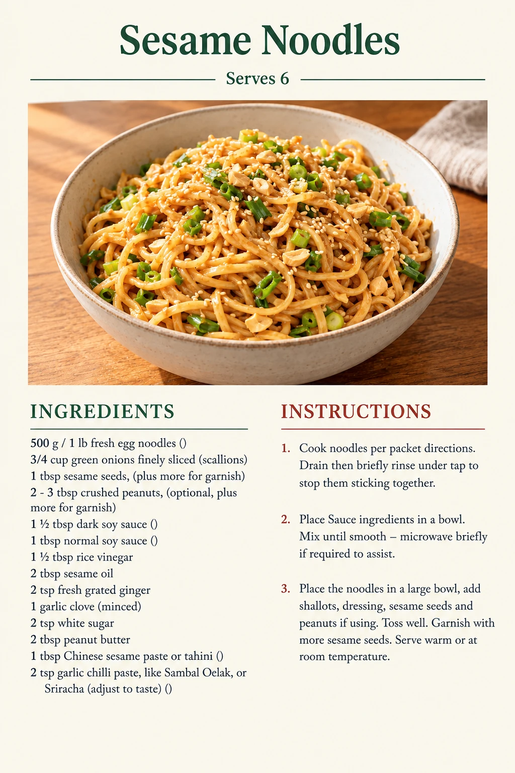 Saved Sesame Noodles recipe card; accessible ingredients and instructions are listed above.
