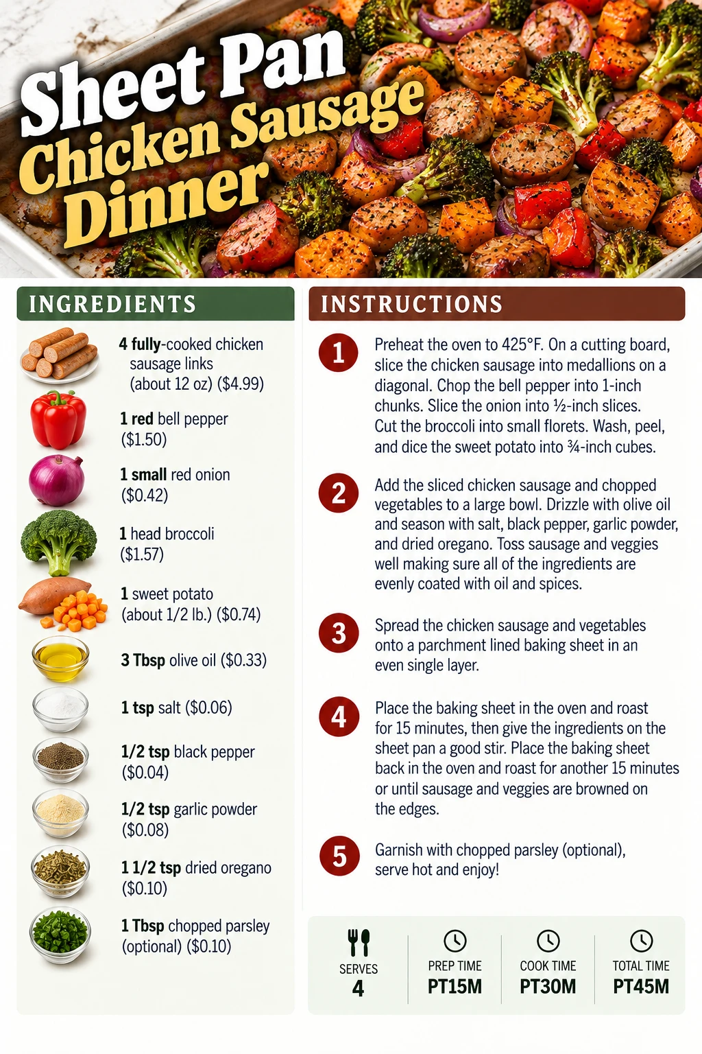 Saved Sheet Pan Chicken Sausage Dinner recipe card; accessible ingredients and instructions are listed above.