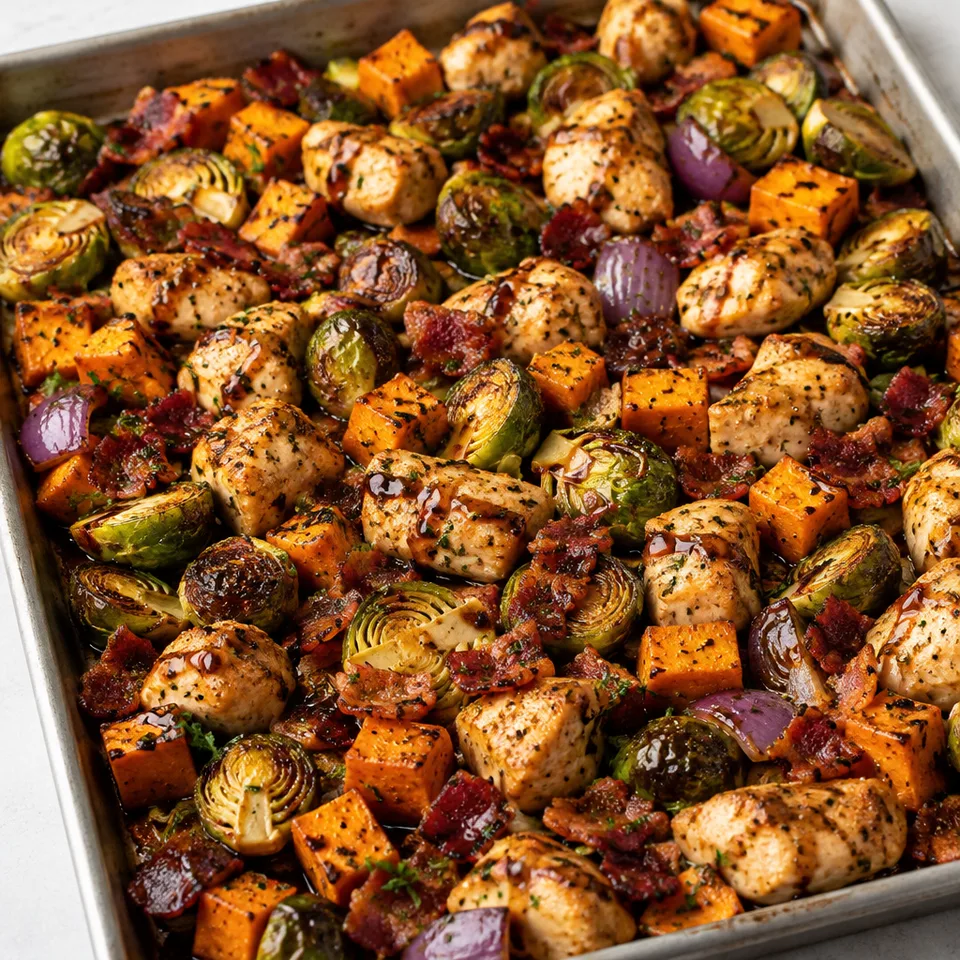 Sheet Pan Chicken Sweet Potatoes and Brussels Sprouts with Bacon and Balsamic Glaze — serving inspiration