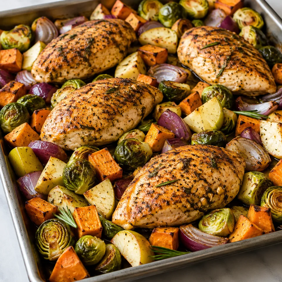 Sheet Pan Chicken with Sweet Potatoes Apples and Brussels Sprouts — serving inspiration