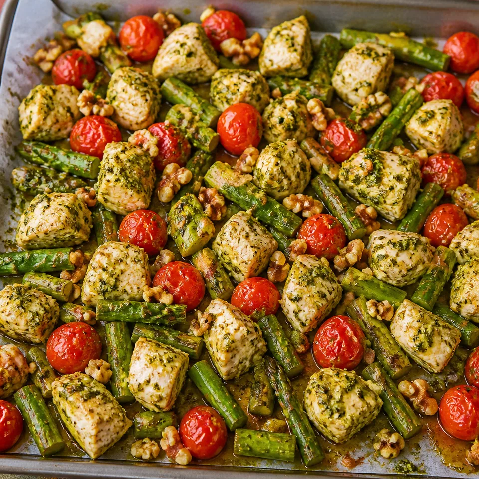 Sheet Pan Pesto Chicken with Asparagus, Tomatoes & Walnuts — serving inspiration