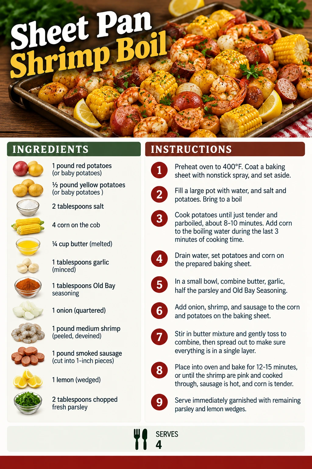 Saved Sheet Pan Shrimp Boil recipe card; accessible ingredients and instructions are listed above.
