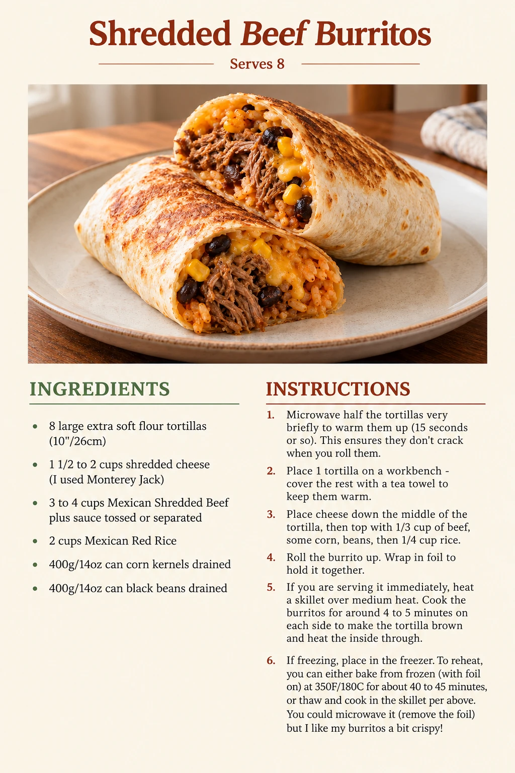 Saved Shredded Beef Burritos recipe card; accessible ingredients and instructions are listed above.