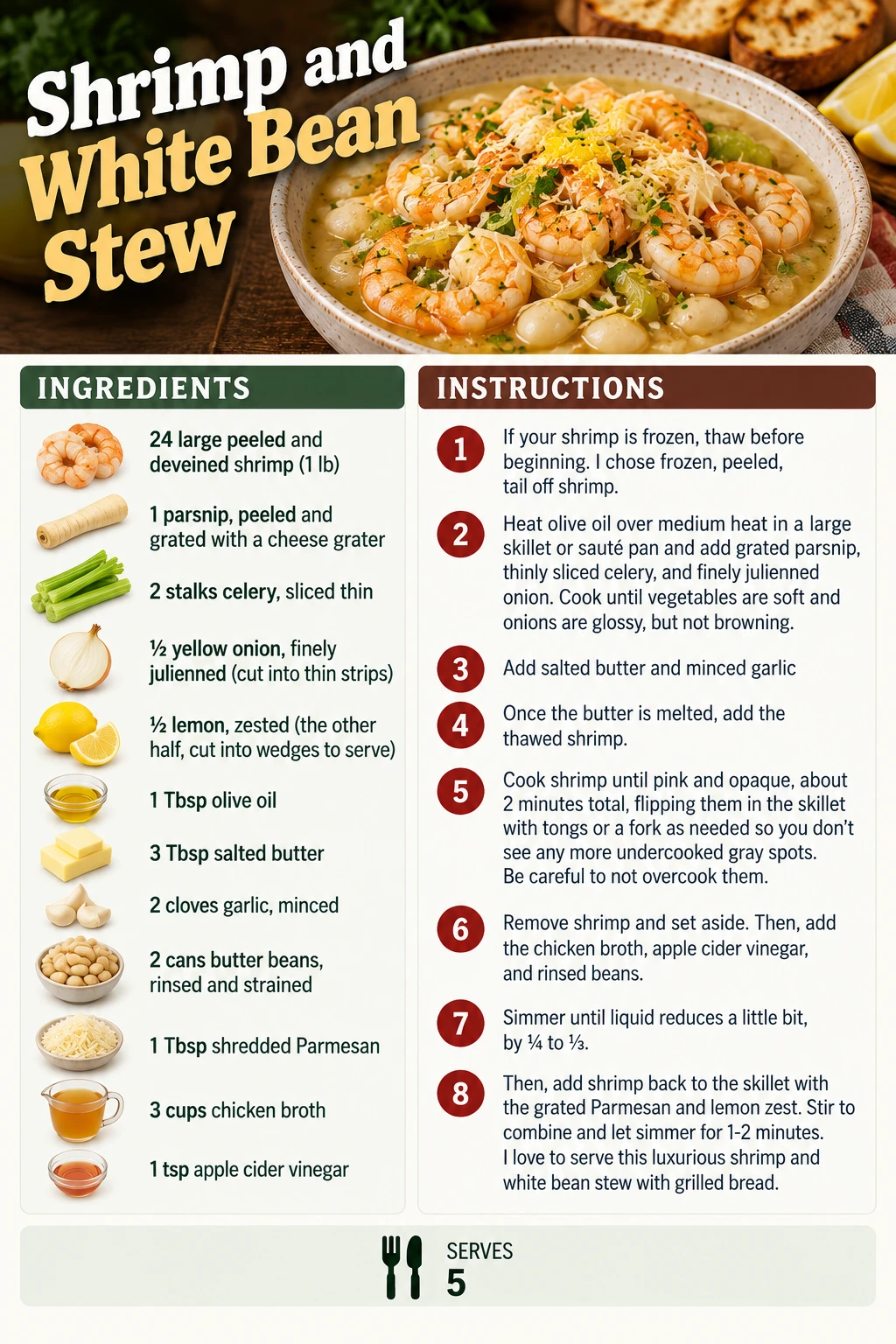 Saved Shrimp and White Bean Stew recipe card; accessible ingredients and instructions are listed above.