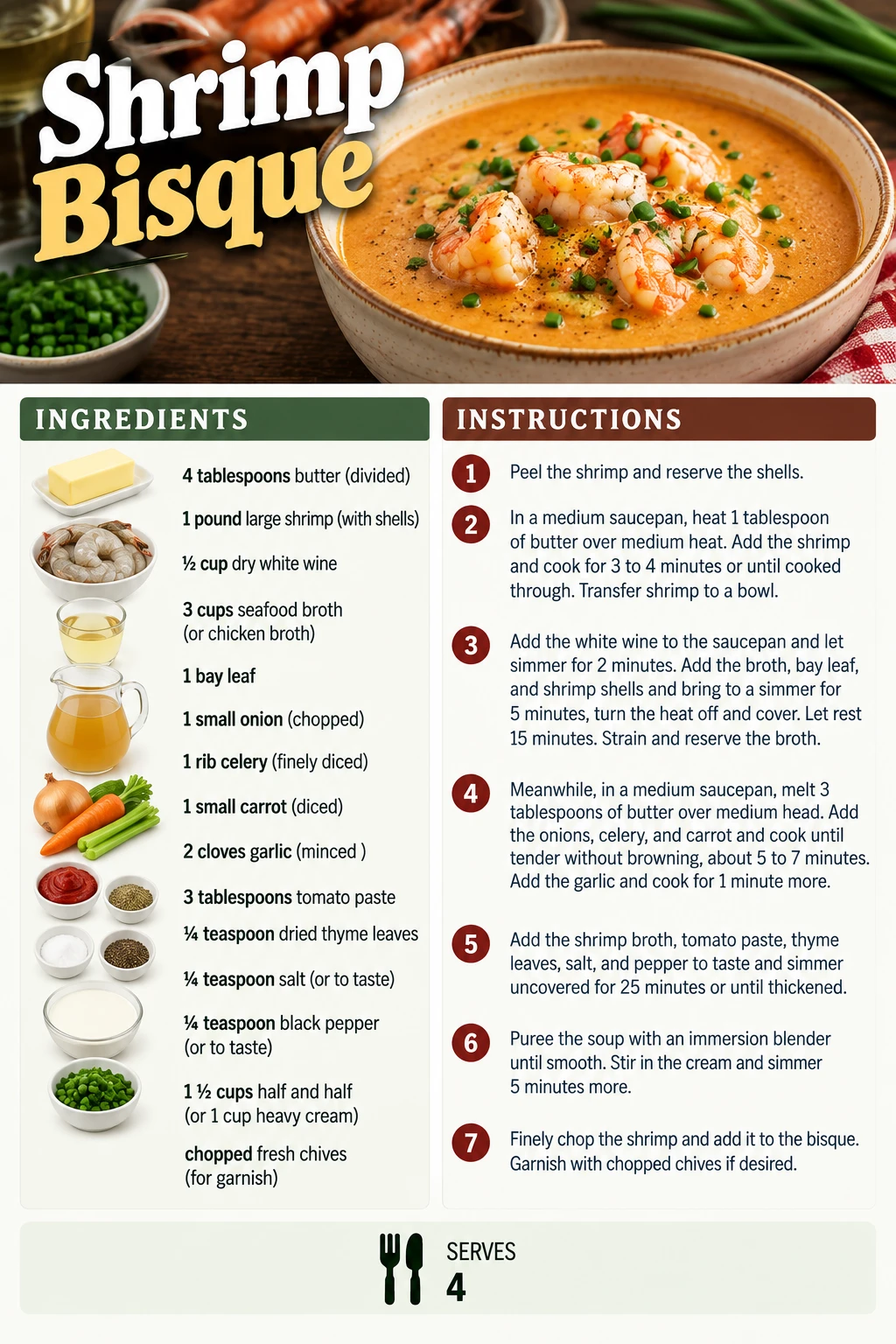 Saved Shrimp Bisque recipe card; accessible ingredients and instructions are listed above.