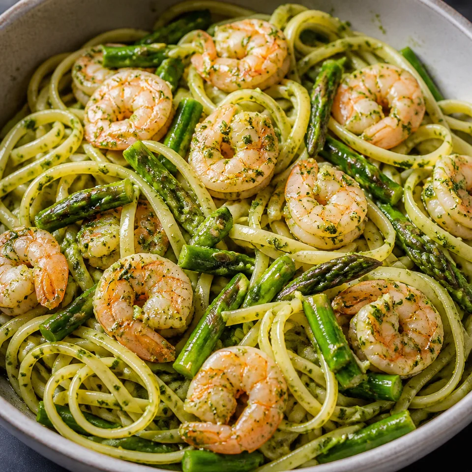 Shrimp Pesto Pasta with Asparagus — serving inspiration