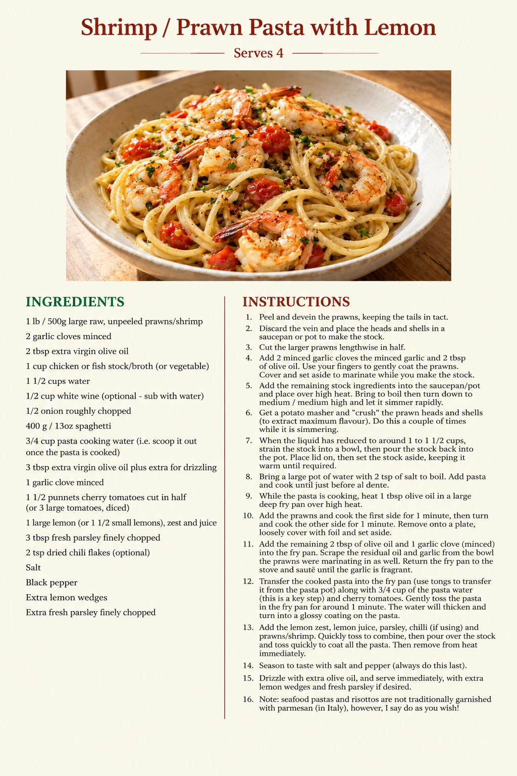 Saved Shrimp / Prawn Pasta with Lemon recipe card; accessible ingredients and instructions are listed above.