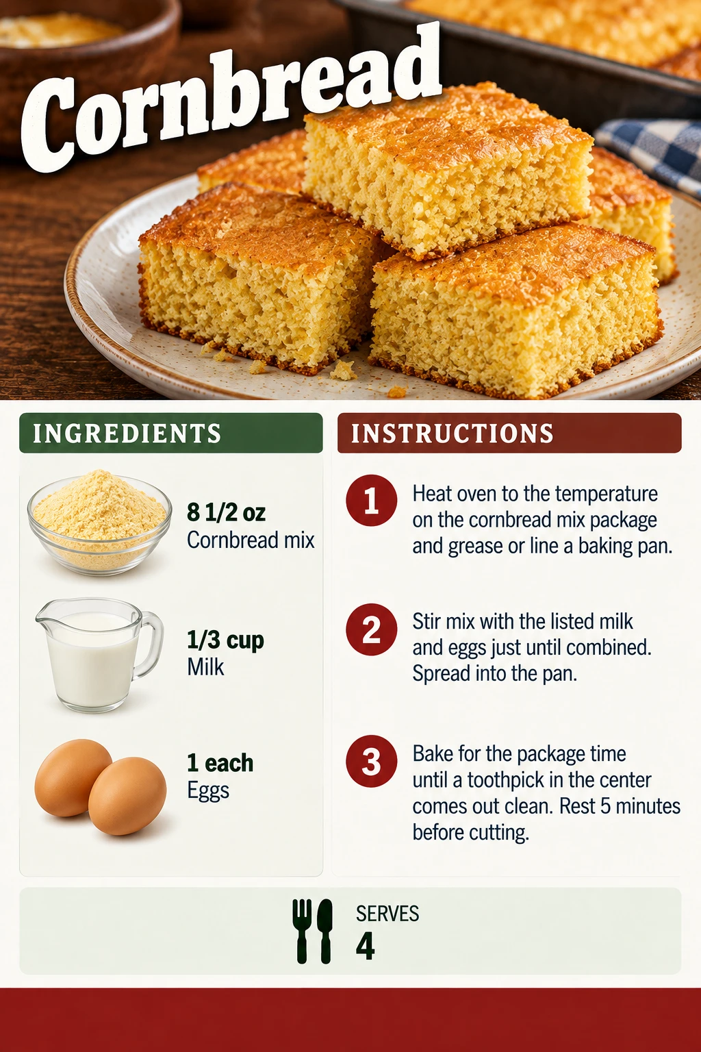 Saved Cornbread recipe card; accessible ingredients and instructions are listed above.