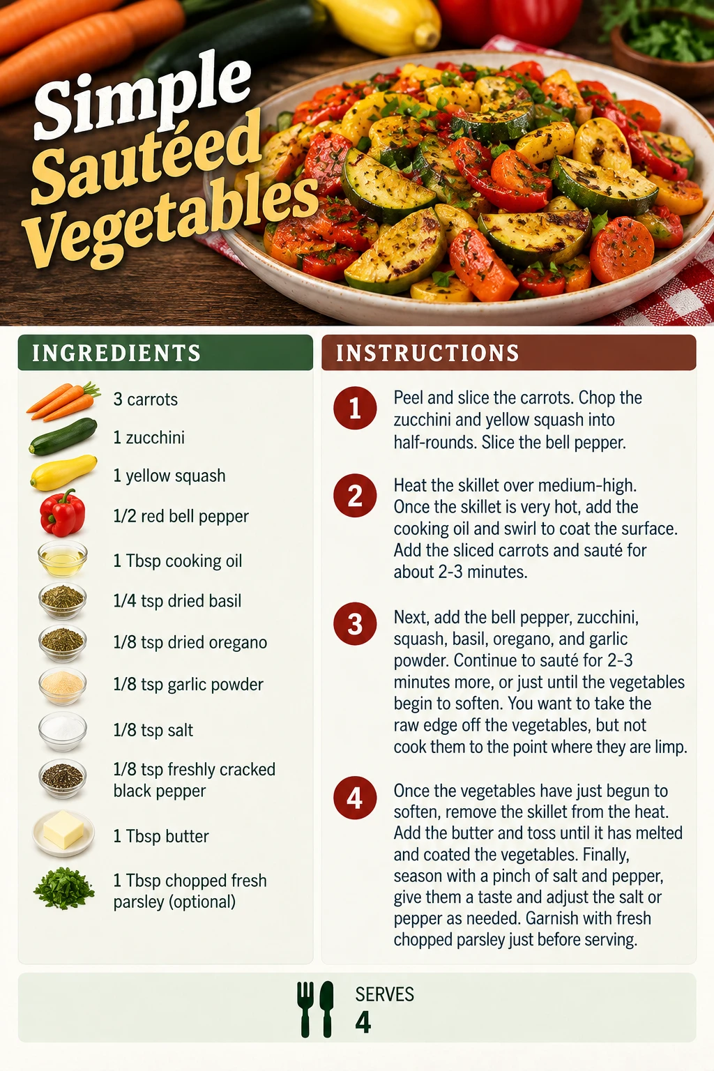 Saved Simple Sautéed Vegetables recipe card; accessible ingredients and instructions are listed above.