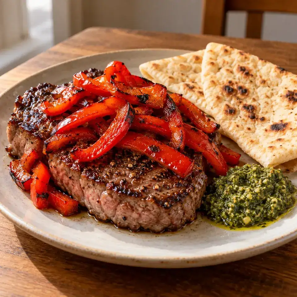 Sirloin Steak with Pesto, Bell Peppers (Capsicum) & Flatbread — serving inspiration