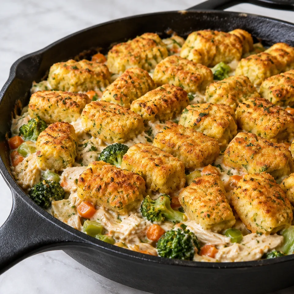 Skillet Chicken and Broccoli Veggie Tot Pie — serving inspiration