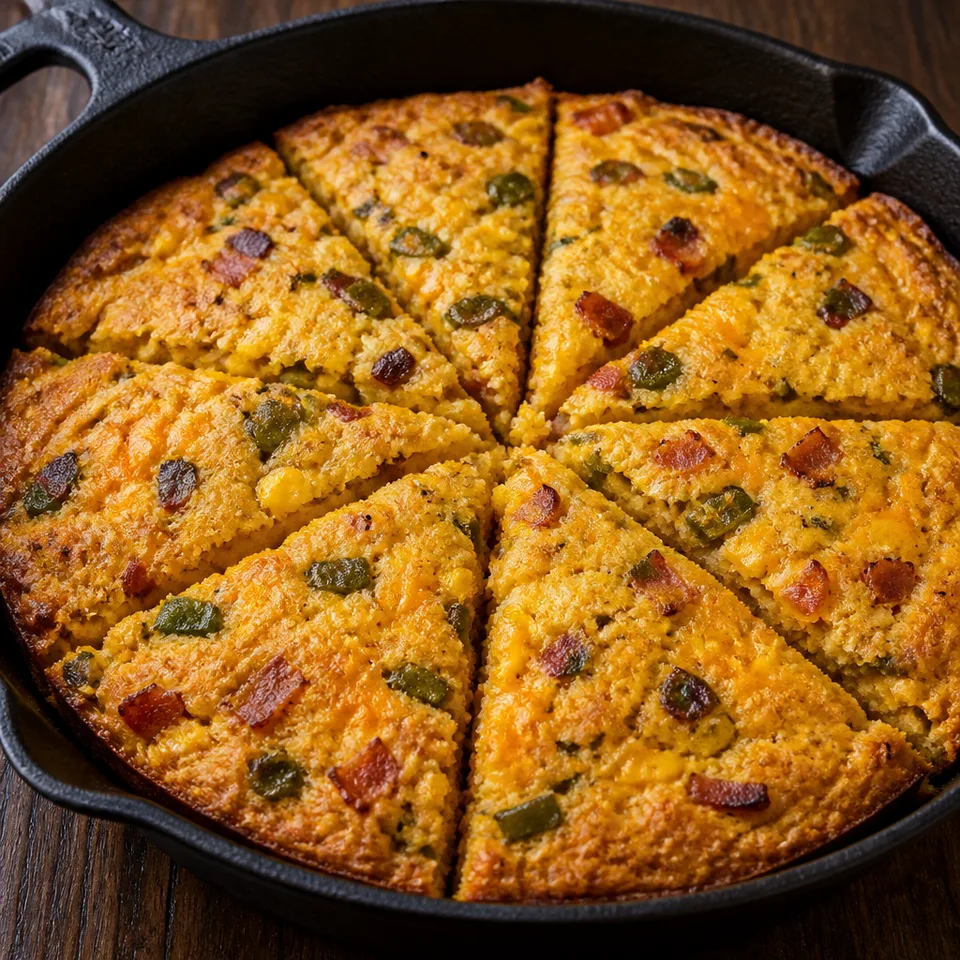 Skillet Corn Bread with Poblanos, Corn, Bacon, and Cheddar — serving inspiration
