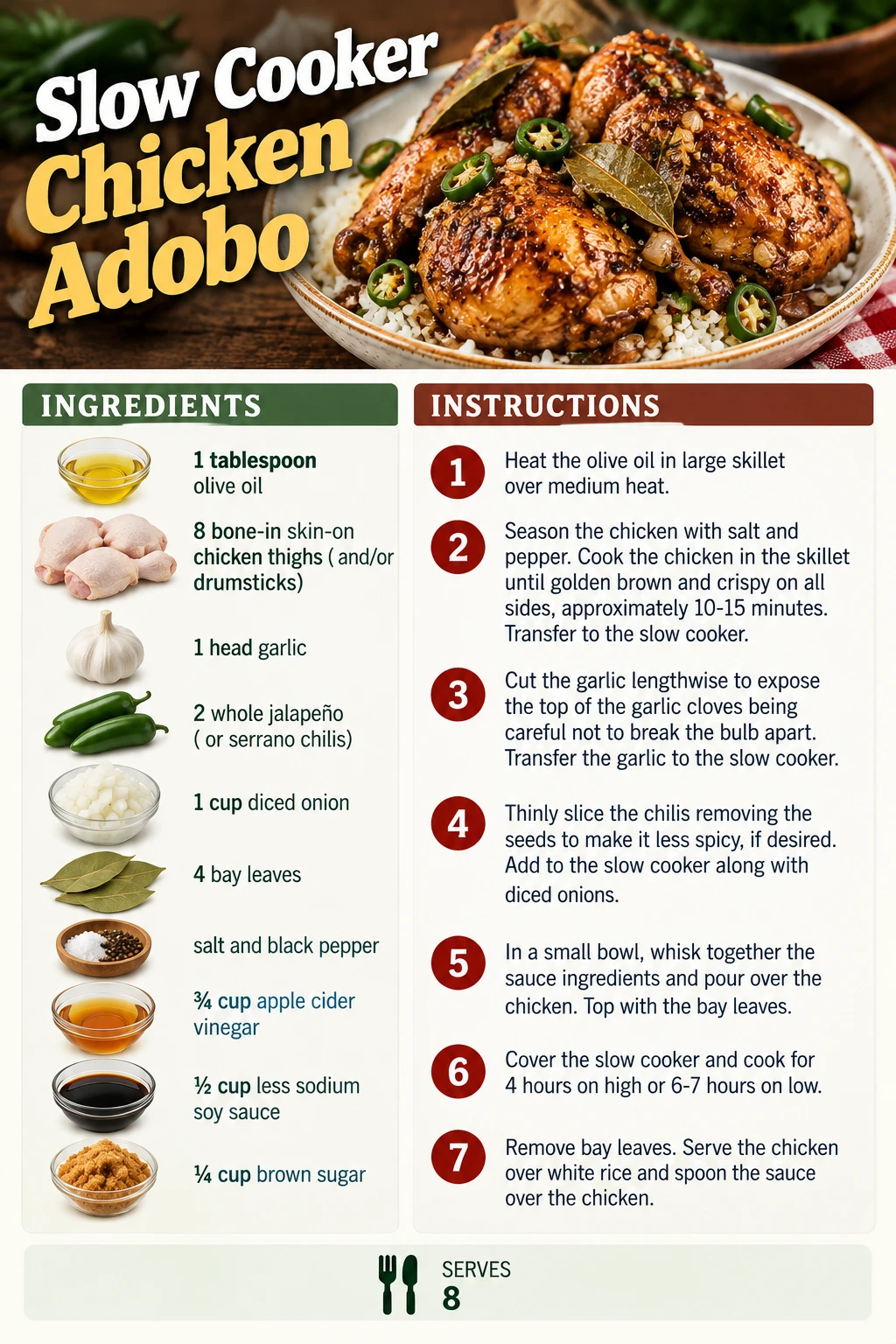 Saved Slow Cooker Chicken Adobo recipe card; accessible ingredients and instructions are listed above.