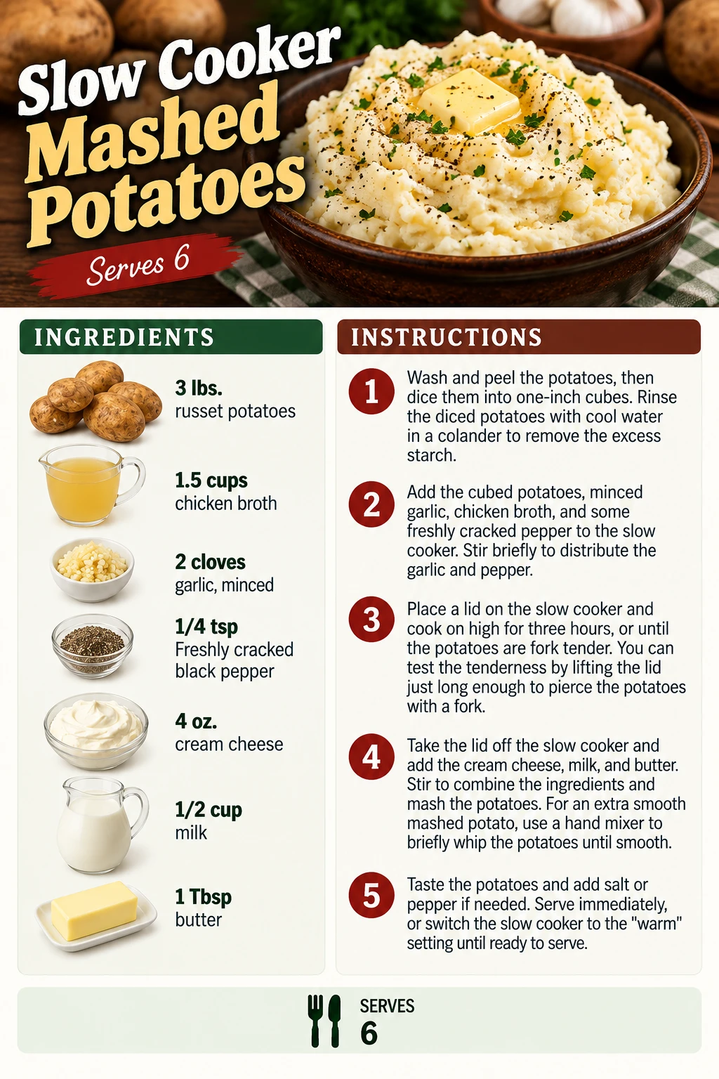 Saved Slow Cooker Mashed Potatoes recipe card; accessible ingredients and instructions are listed above.