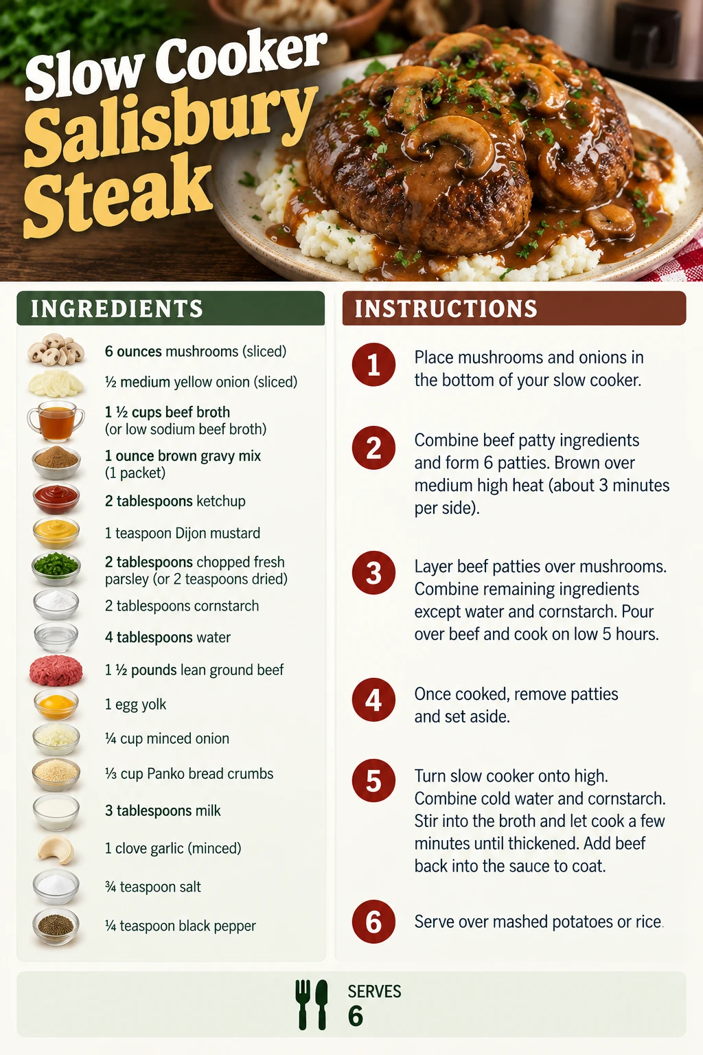Saved Slow Cooker Salisbury Steak recipe card; accessible ingredients and instructions are listed above.