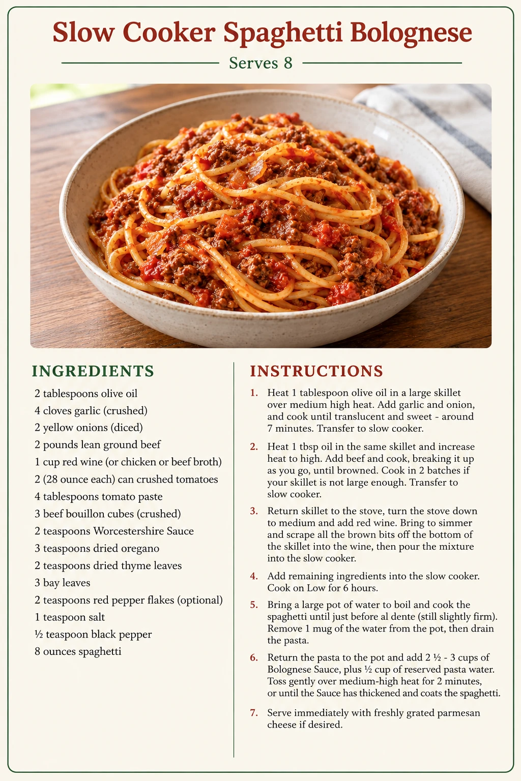 Saved Slow Cooker Spaghetti Bolognese recipe card; accessible ingredients and instructions are listed above.