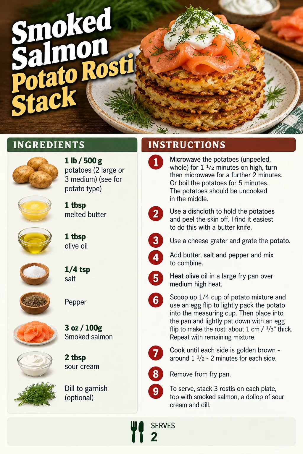 Saved Smoked Salmon Potato Rosti Stack recipe card; accessible ingredients and instructions are listed above.