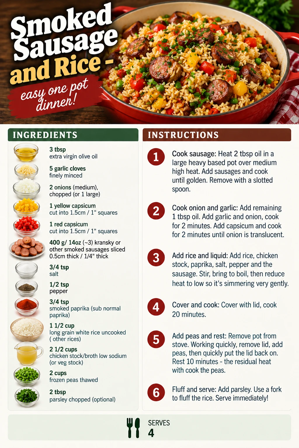 Saved Smoked Sausage and Rice - easy one pot dinner! recipe card; accessible ingredients and instructions are listed above.