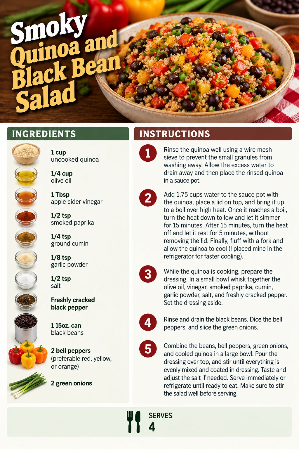 Saved Smoky Quinoa and Black Bean Salad recipe card; accessible ingredients and instructions are listed above.