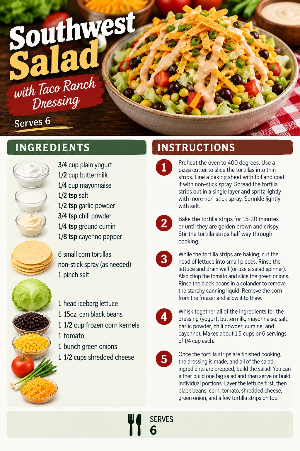 Saved Southwest Salad with Taco Ranch Dressing recipe card; accessible ingredients and instructions are listed above.