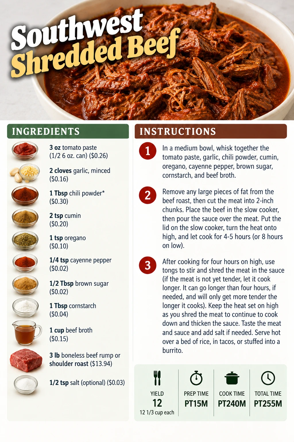 Saved Southwest Shredded Beef recipe card; accessible ingredients and instructions are listed above.