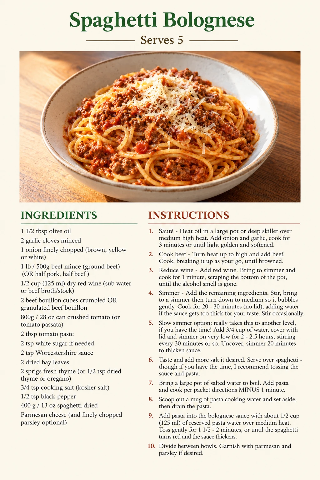 Saved Spaghetti Bolognese recipe card; accessible ingredients and instructions are listed above.
