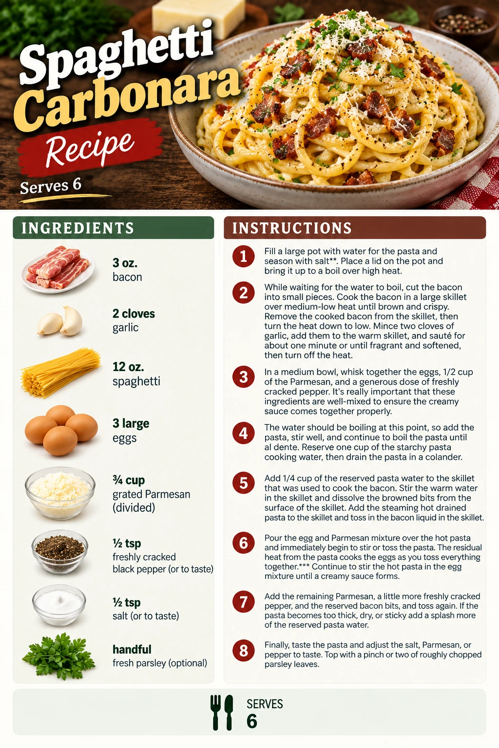 Saved Spaghetti Carbonara Recipe recipe card; accessible ingredients and instructions are listed above.