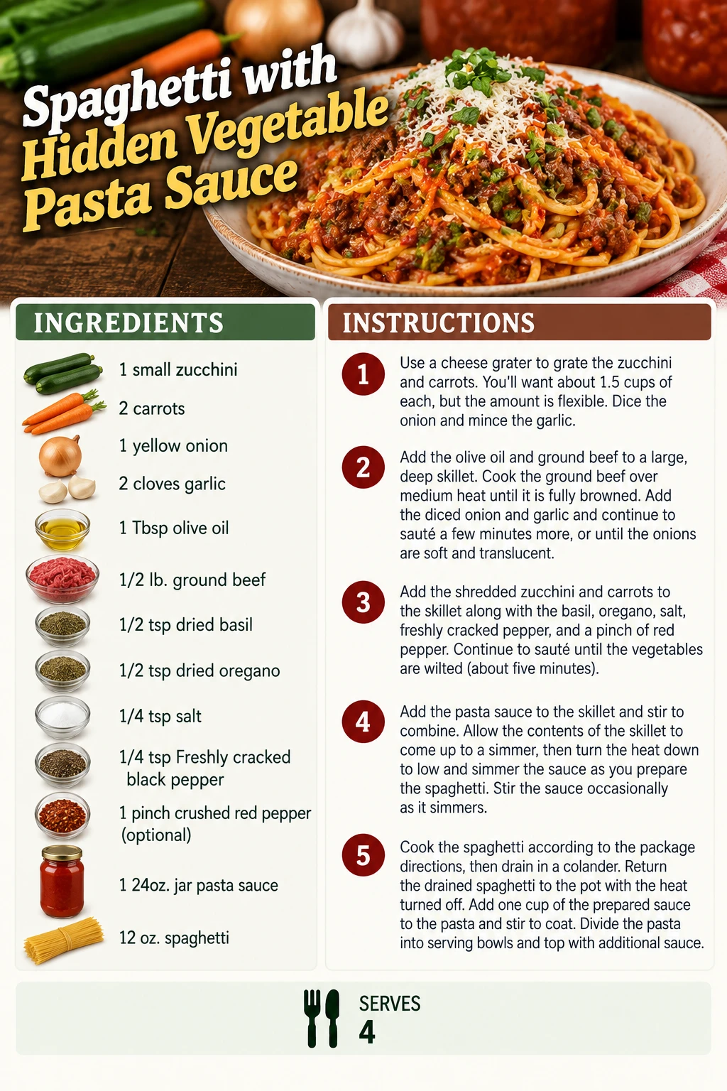 Saved Spaghetti with Hidden Vegetable Pasta Sauce recipe card; accessible ingredients and instructions are listed above.
