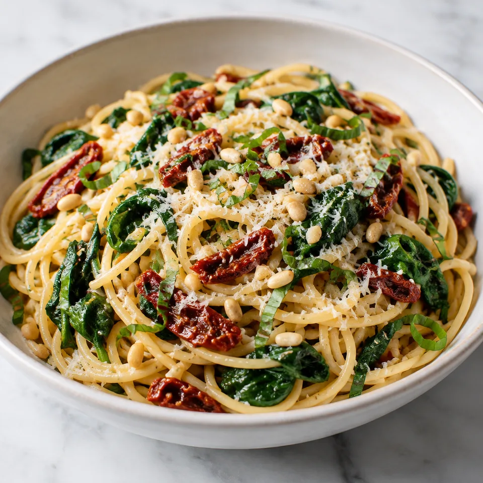Spaghetti with Sun Dried Tomatoes and Spinach — serving inspiration