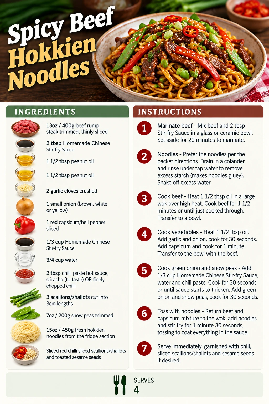 Saved Spicy Beef Hokkien Noodles recipe card; accessible ingredients and instructions are listed above.