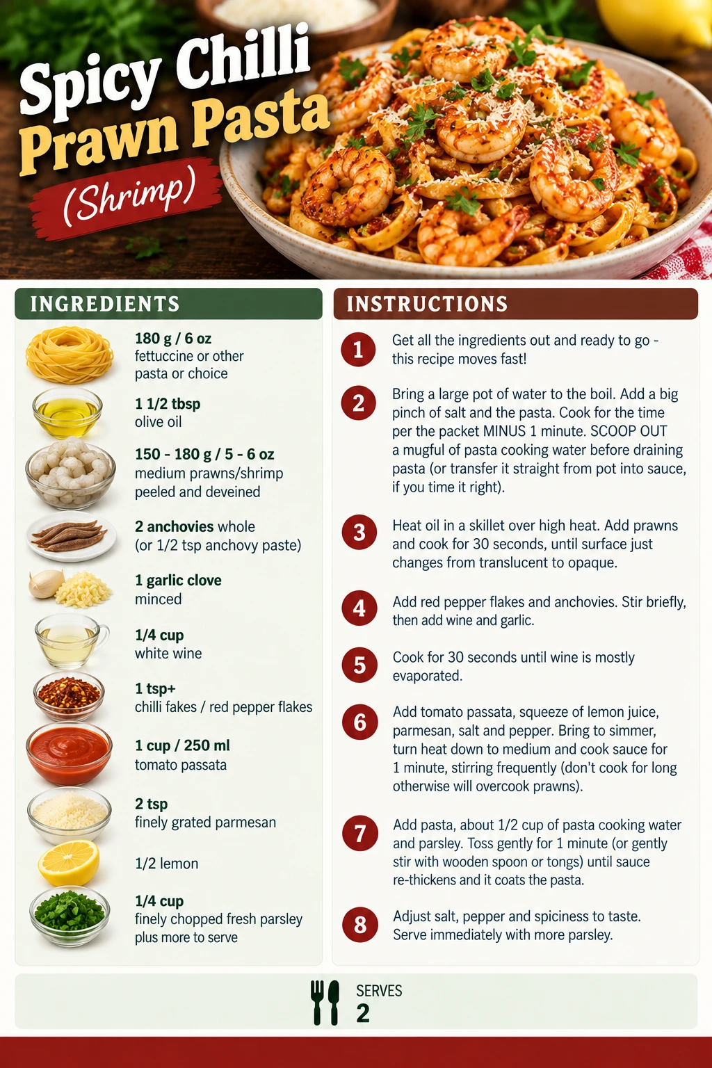 Saved Spicy Chilli Prawn Pasta (Shrimp) recipe card; accessible ingredients and instructions are listed above.