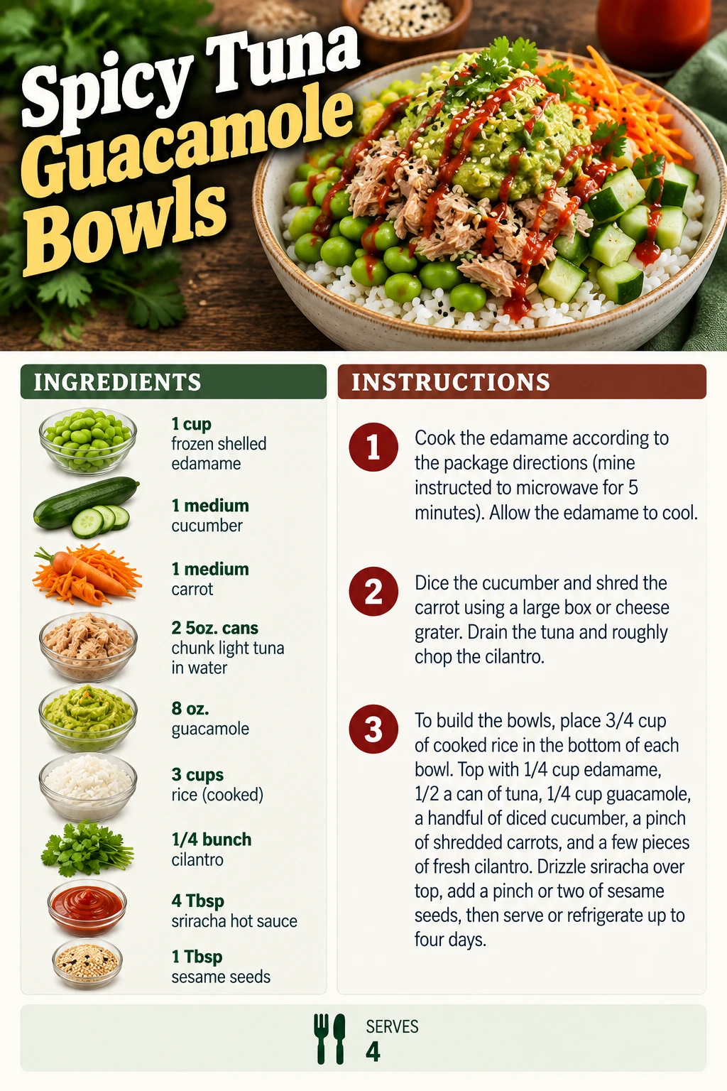 Saved Spicy Tuna Guacamole Bowls recipe card; accessible ingredients and instructions are listed above.