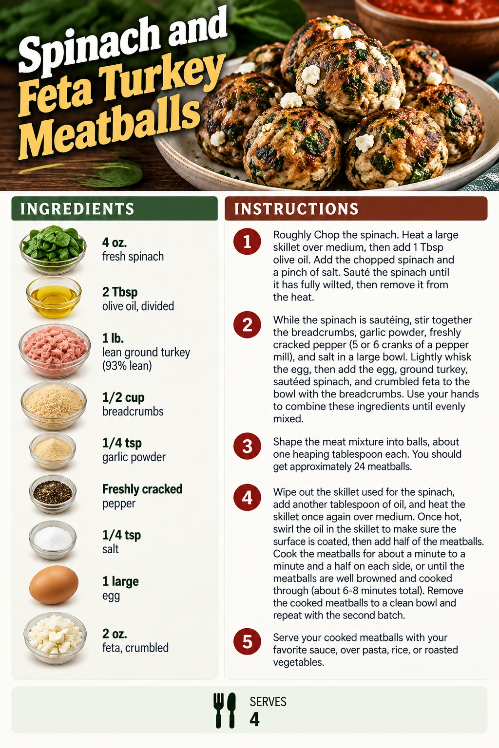 Saved Spinach and Feta Turkey Meatballs recipe card; accessible ingredients and instructions are listed above.