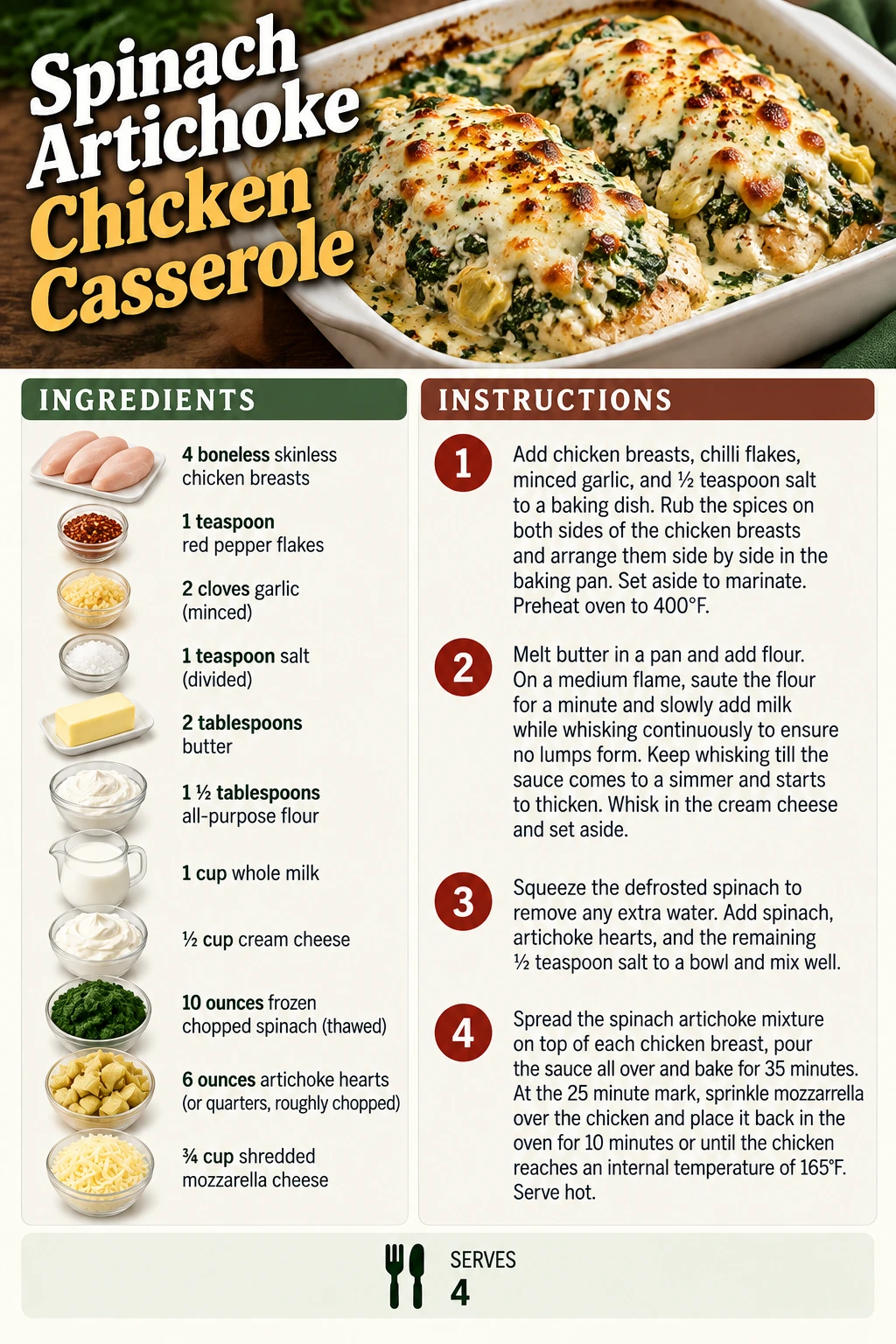 Saved Spinach Artichoke Chicken Casserole recipe card; accessible ingredients and instructions are listed above.