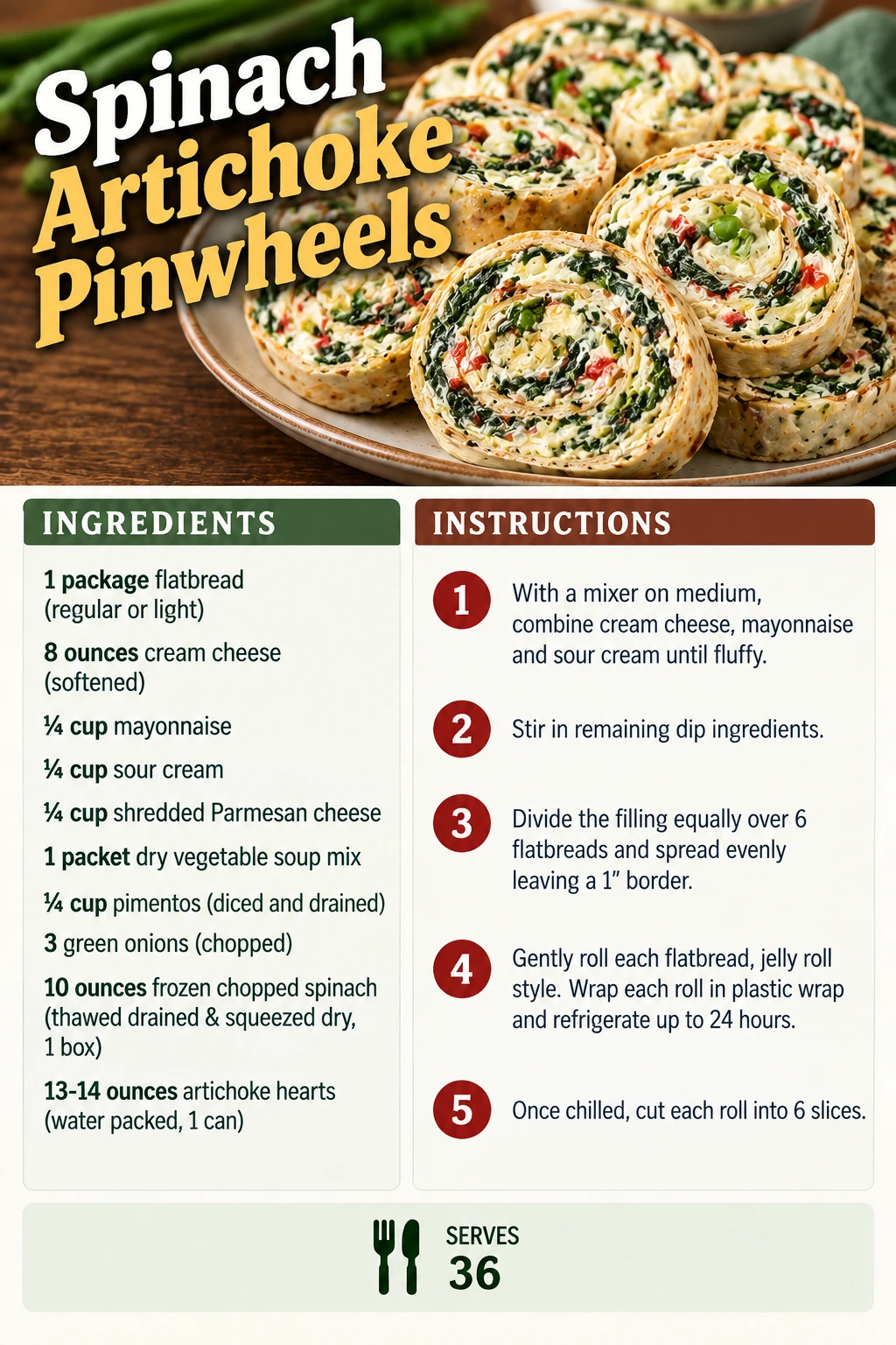 Saved Spinach Artichoke Pinwheels recipe card; accessible ingredients and instructions are listed above.