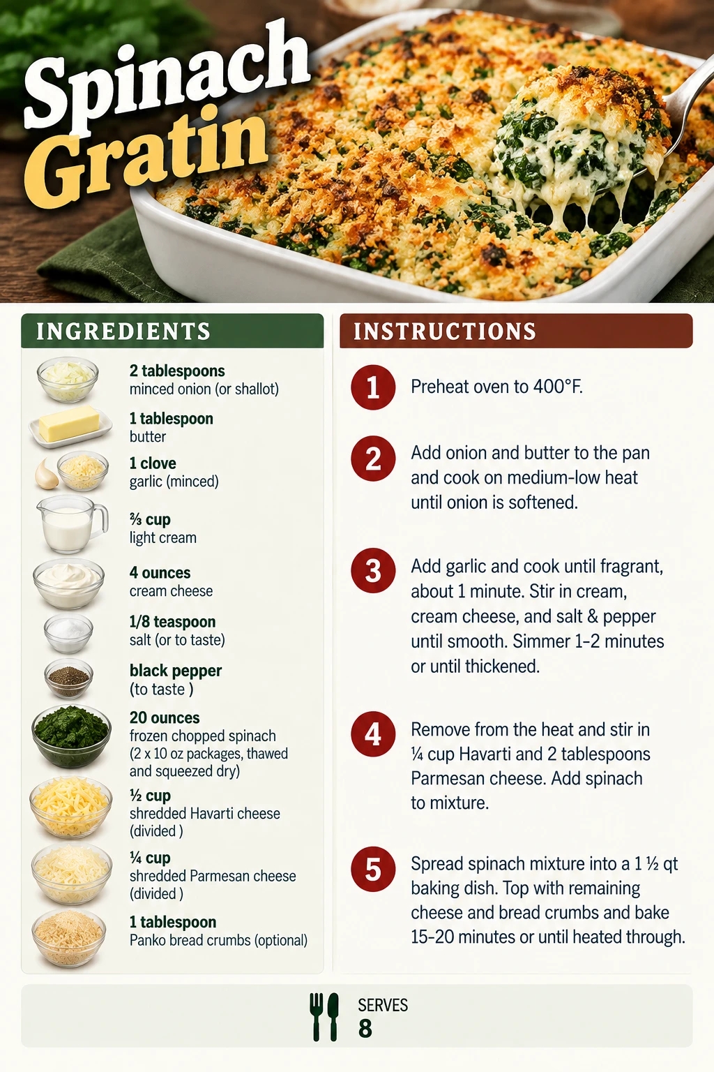 Saved Spinach Gratin recipe card; accessible ingredients and instructions are listed above.