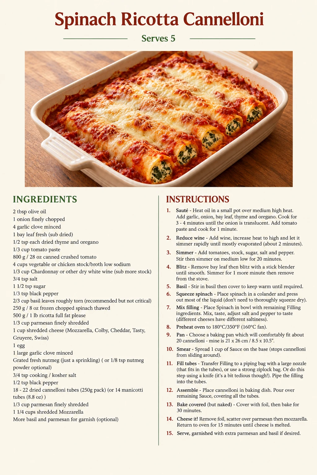 Saved Spinach Ricotta Cannelloni recipe card; accessible ingredients and instructions are listed above.