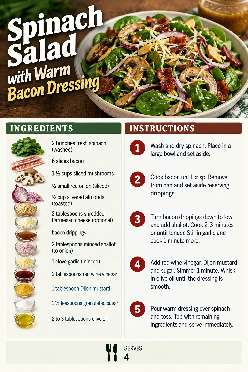 Saved Spinach Salad with Warm Bacon Dressing recipe card; accessible ingredients and instructions are listed above.