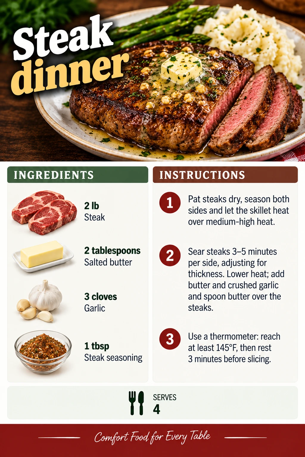 Saved Steak dinner recipe card; accessible ingredients and instructions are listed above.