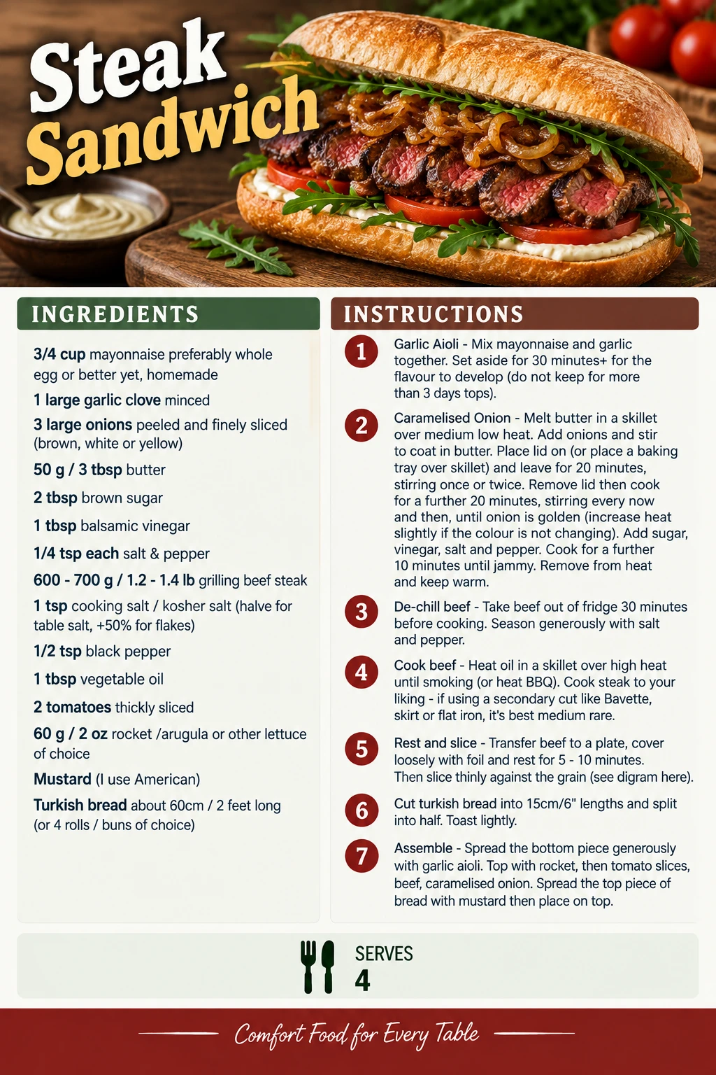 Saved Steak Sandwich recipe card; accessible ingredients and instructions are listed above.