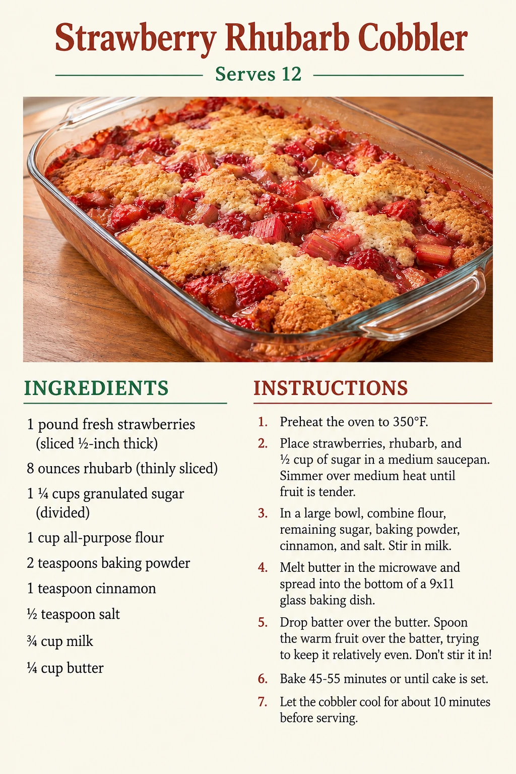 Saved Strawberry Rhubarb Cobbler recipe card; accessible ingredients and instructions are listed above.