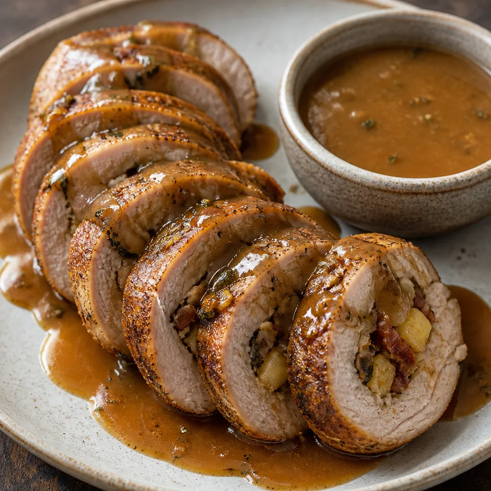 Stuffed Pork Tenderloin with Apple Bourbon Gravy — serving inspiration